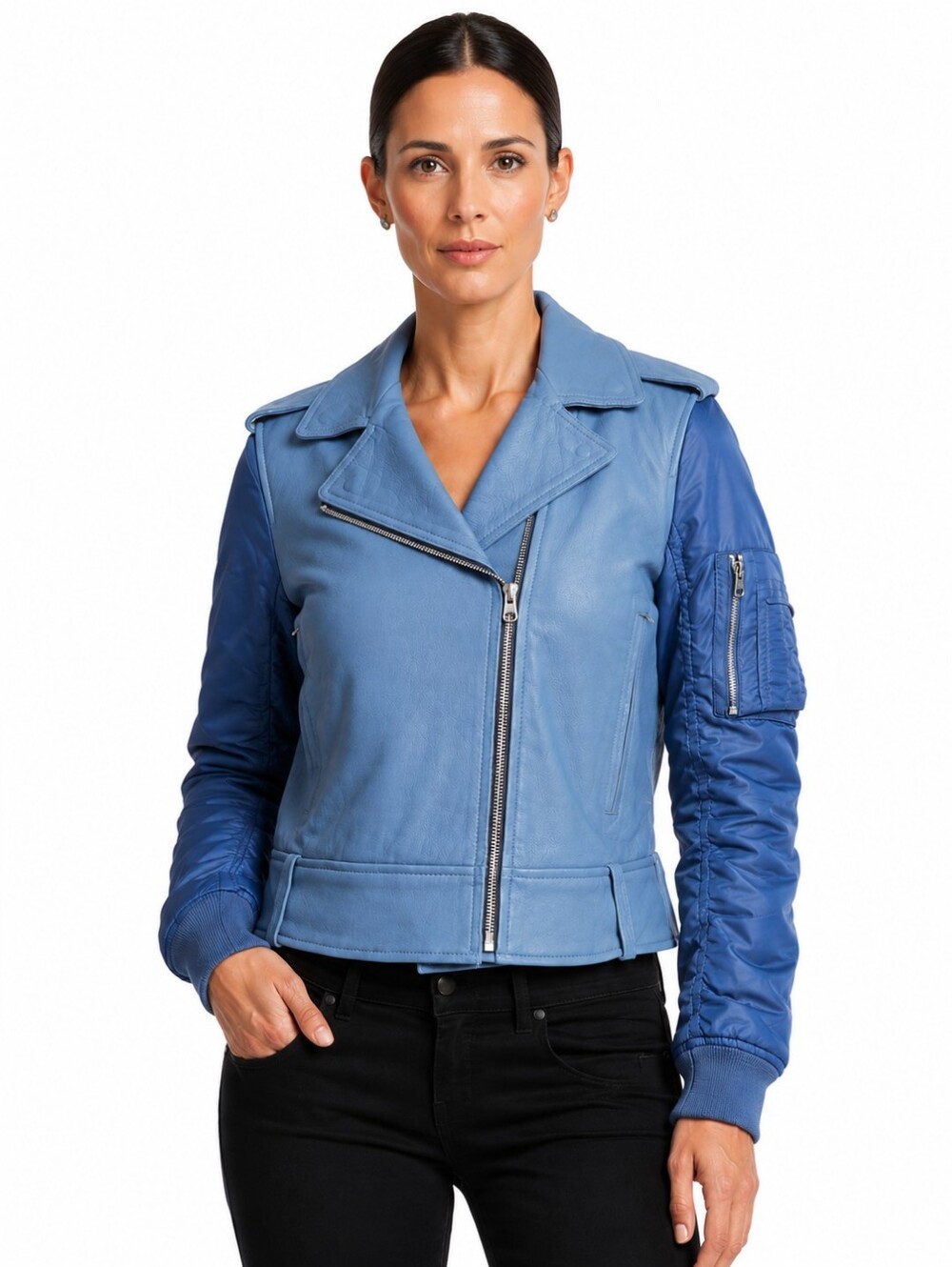 Sandro Paris Blue Goat Leather Moto Biker Jacket Women's US 6 NWT Sz 2